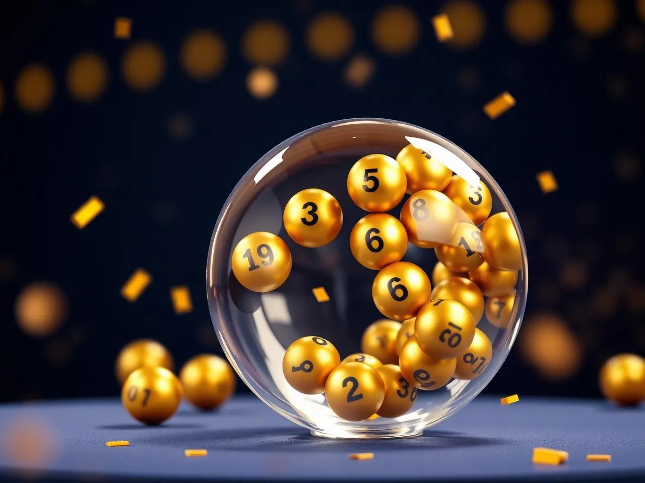 Globo de sorteio com bolas numeradas douradas